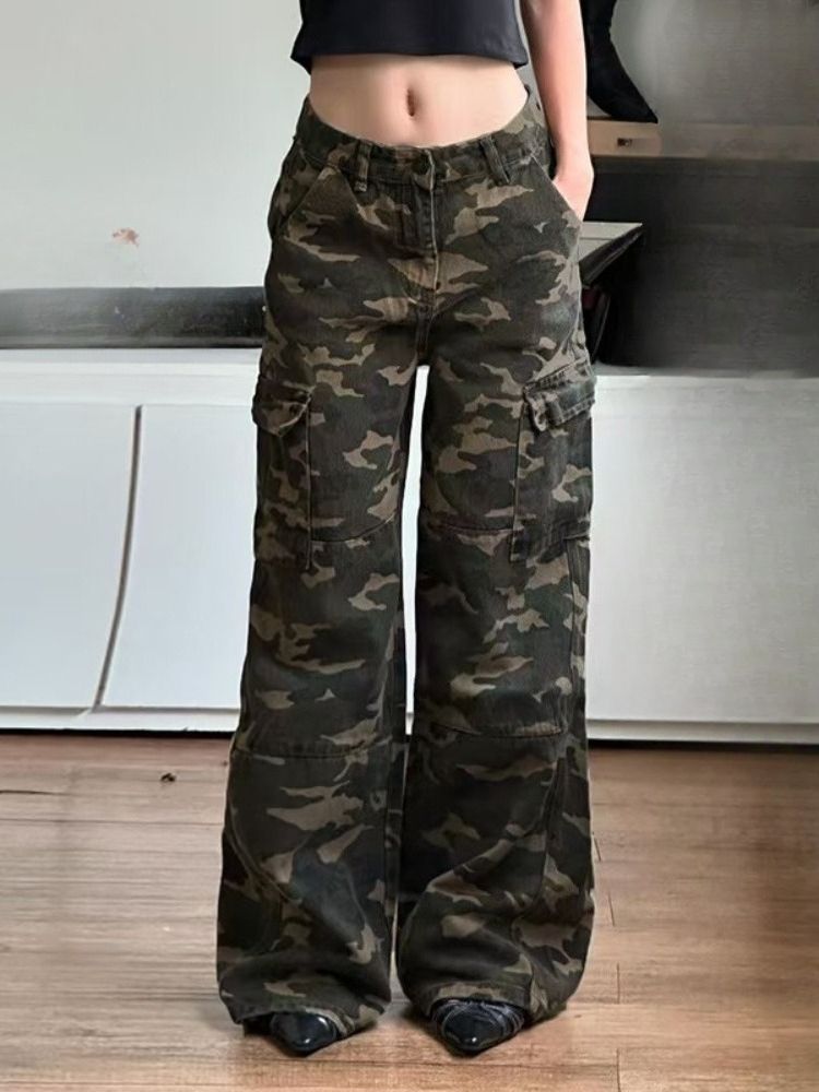 K Personalized, Fashionable, Loose Camouflage Pants With Pockets, Workwear Jeans, American Style Spicy Girl Street Casual Pants_mkmklike.com