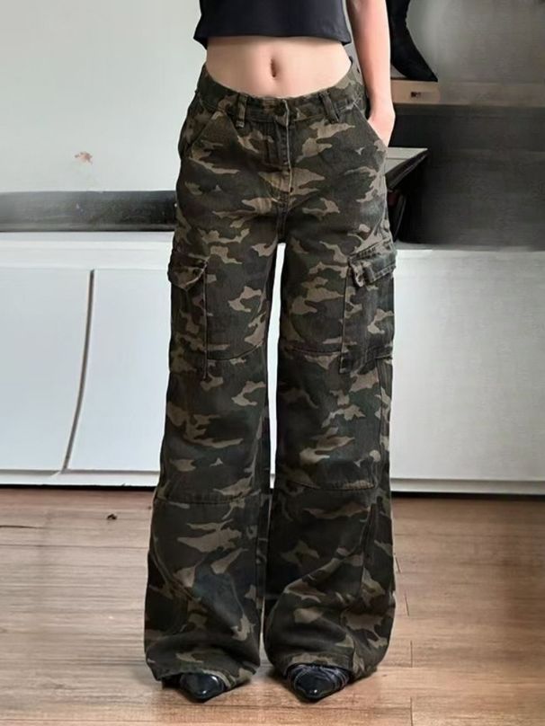K Personalized, Fashionable, Loose Camouflage Pants With Pockets, Workwear Jeans, American Style Spicy Girl Street Casual Pants_mkmklike.com