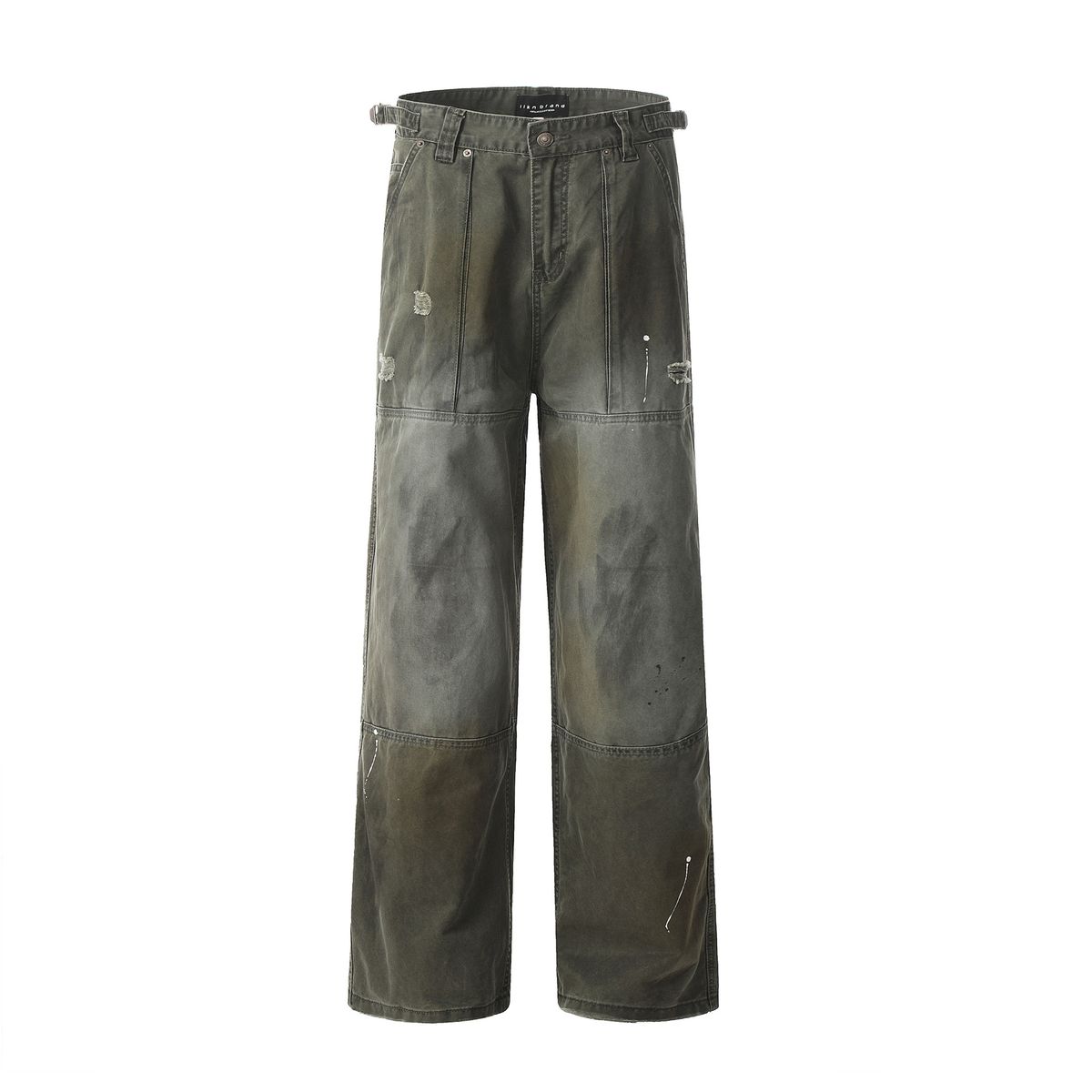 Vintage Work Pants For Men & Women - Adjustable Waist, Distressed Denim, Straight Leg, Retro Style With Splatter Paint Design_mkmklike.com