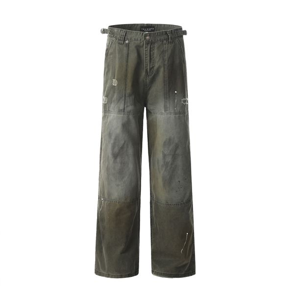 Vintage Work Pants For Men & Women - Adjustable Waist, Distressed Denim, Straight Leg, Retro Style With Splatter Paint Design_mkmklike.com