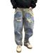 Fashion Retro Heavy Washed Loose Micro-Tapered Destroyed Spray Paint Patchwork Color Block Logging Jeans Unbranded 2026 For 008_mkmklike.com