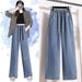 Plus-size Women's Elastic Waist Jeans, Mid-rise, Slimming, Thin Straight-leg Pants, Loose And Versatile Wide-leg Pants_mkmklike.com