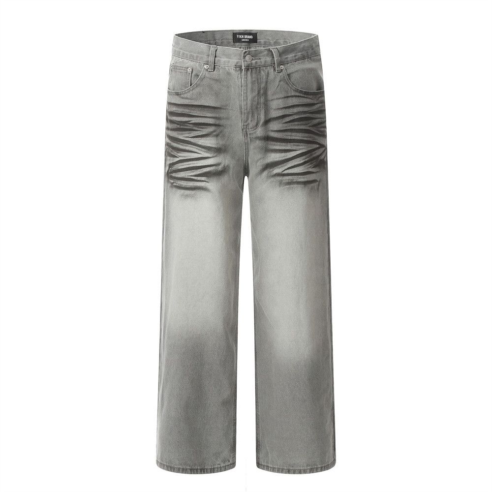 Punk Wasteland Washed Dirty Jeans For Men, Distressed And Faded Spray-Dyed Straight-Leg Pan, Trendy Niche Wide-Leg_mkmklike.com