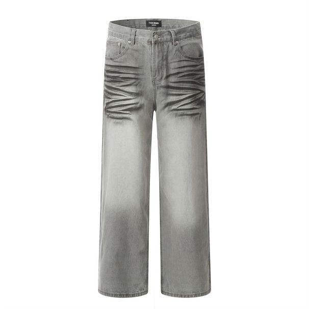Punk Wasteland Washed Dirty Jeans For Men, Distressed And Faded Spray-Dyed Straight-Leg Pan, Trendy Niche Wide-Leg_mkmklike.com