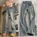 Vintage Blue Curved Hem Jeans For Men, Autumn And Winter Fleece-lined Vintage Pants, American High Street Style,_mkmklike.com