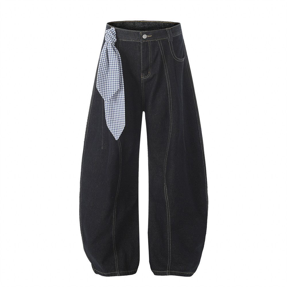Streamer Decorated Scimitar Jeans Men's High Street Trend Ins Hip Hop Loose Washed Wide Leg Pants Floor Length Trousers_mkmklike.com