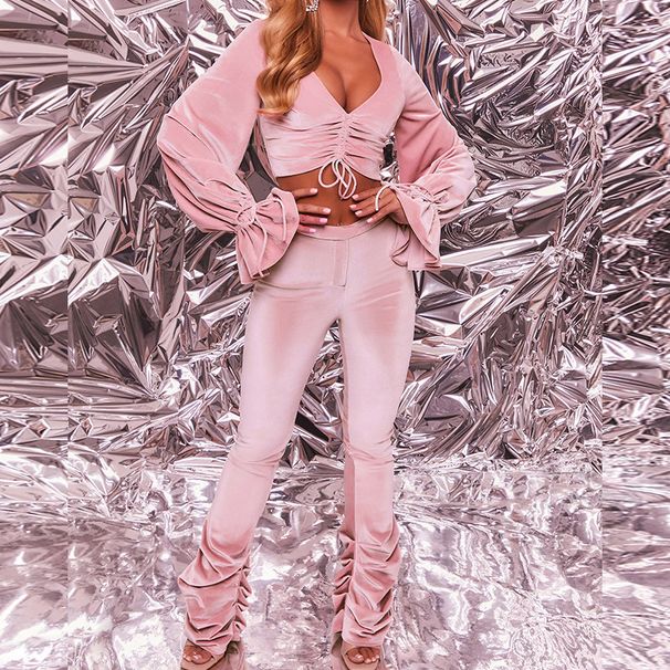 Women's Clothing autumn and winter sexy navel-baring long-sleeved top solid color micro-flared pants two-piece set_mkmklike.com