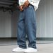 Men's Clothing Casual Striped Wide Leg Jeans With Multi Pockets American Street Style Blue Denim Jeans_mkmklike.com