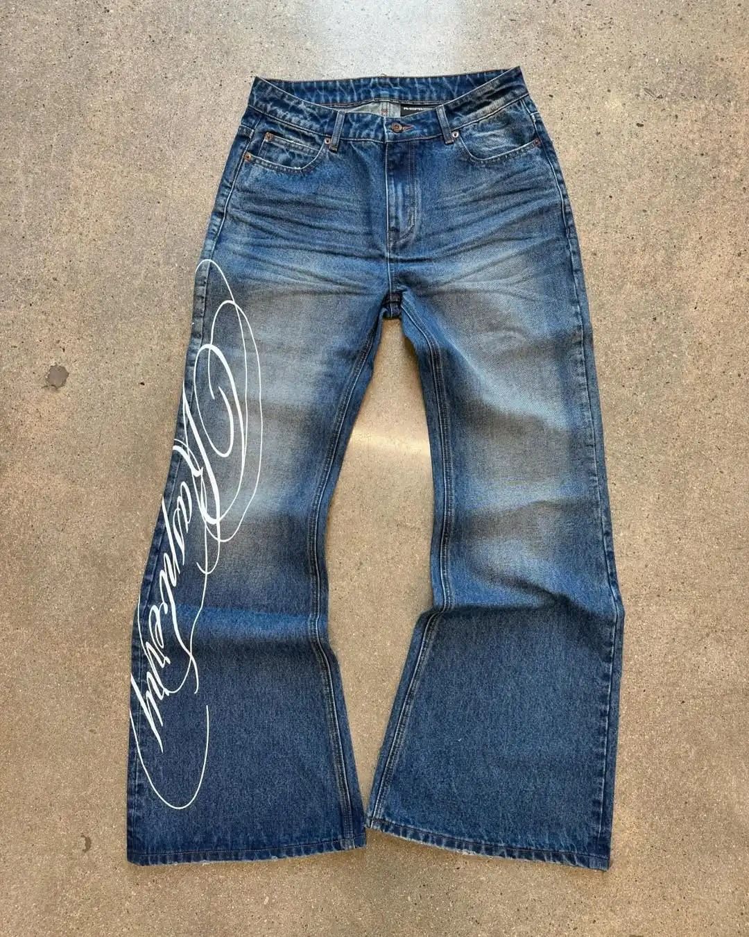 Y2K Vintage Washed Denim Jeans With Letter Print - High Waist Straight Leg Pants For Men & Women - Punk Streetwear Oversized Fit_mkmklike.com