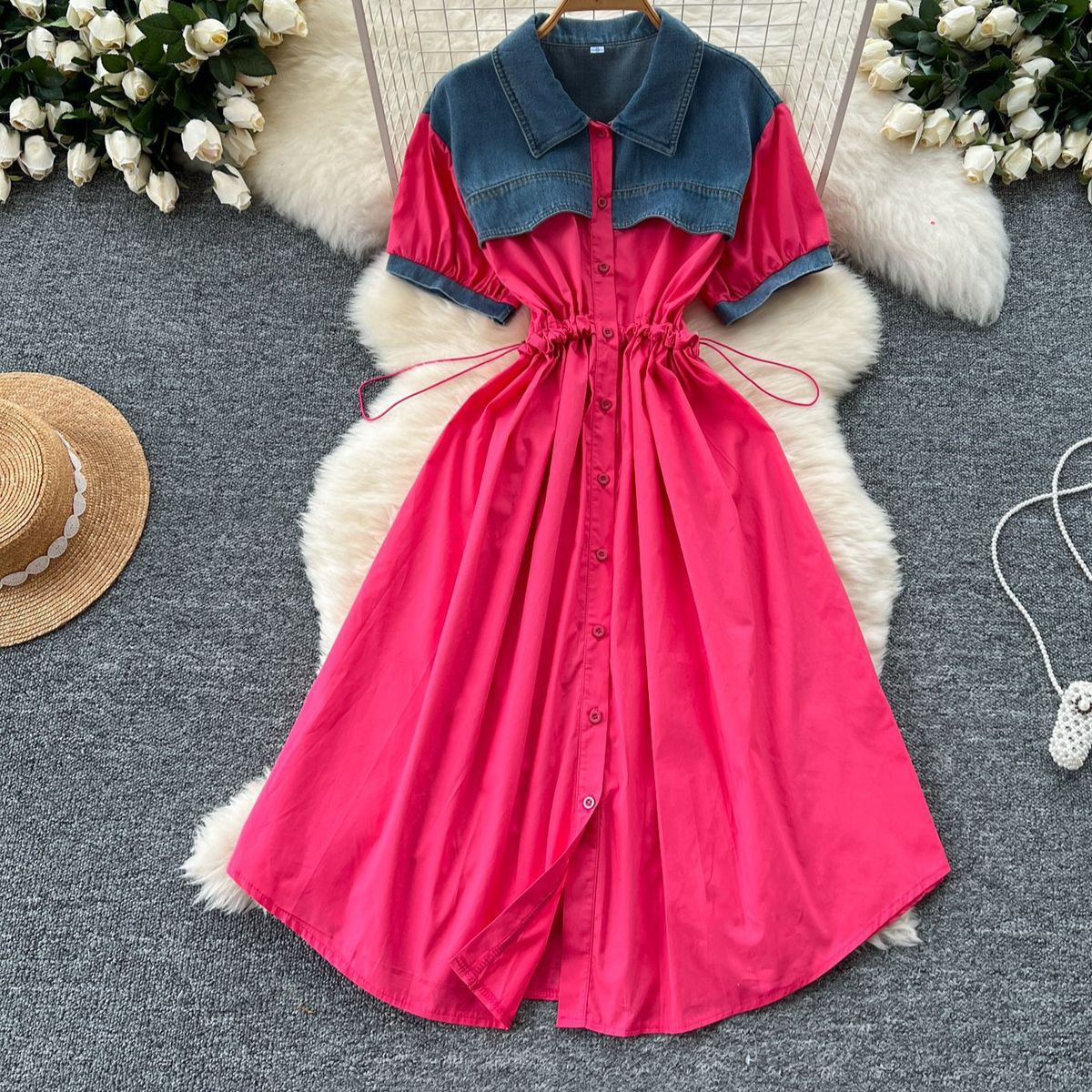 Women's Clothing Fashion Retro Denim Patchwork Short Sleeved Dress For Women Summer Design Drawstring Waist Shirt Long Skirt_mkmklike.com
