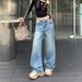 Women's Light Blue Rhinestone Jeans Spring New Arrival Heavy Duty Loose Fit Straight Leg Wide Leg Casual Fashion Office Lady Pants_mkmklike.com