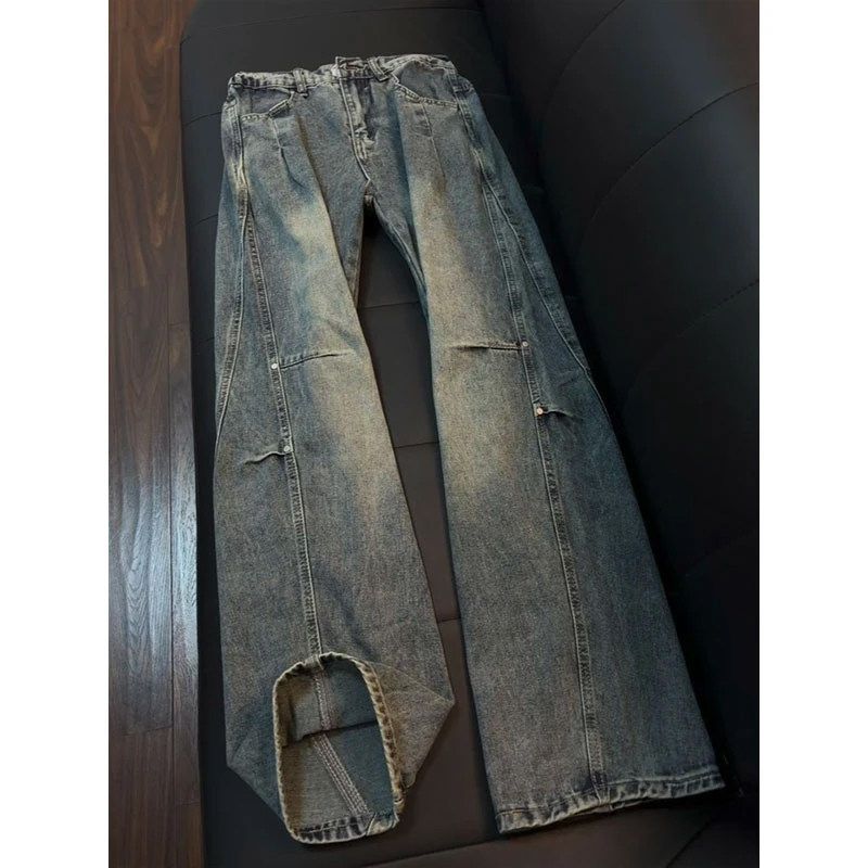 Men's Trendy Pleated Cargo Jeans Loose Straight Leg High End Cool And Stylish American Style Studded Flared Trousers_mkmklike.com