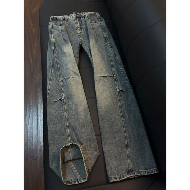 Men's Trendy Pleated Cargo Jeans Loose Straight Leg High End Cool And Stylish American Style Studded Flared Trousers_mkmklike.com