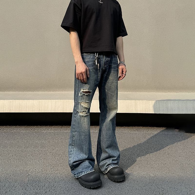 Ripped & Distressed Blue Jeans – Vintage Baggy Fit With Slight Flare (Unisex, S-3XL, Retro Streetwear)_mkmklike.com