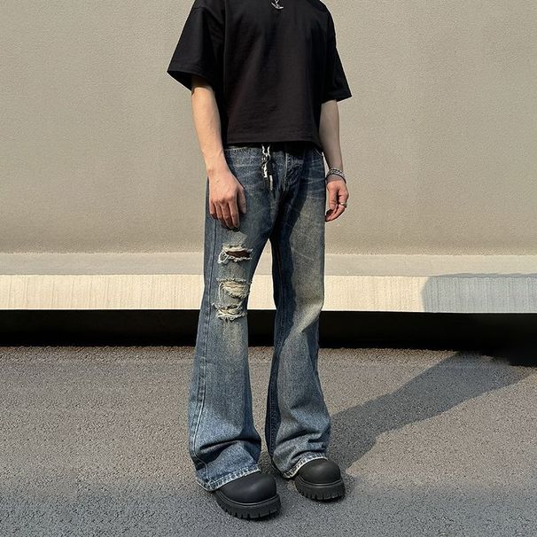 Ripped & Distressed Blue Jeans – Vintage Baggy Fit With Slight Flare (Unisex, S-3XL, Retro Streetwear)_mkmklike.com