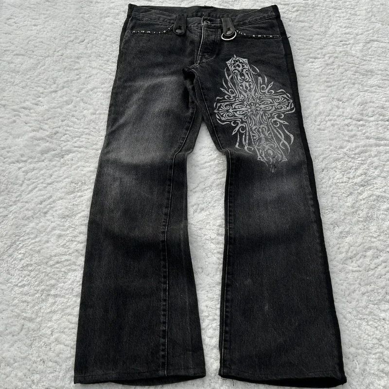 Y2K Vintage Cross Denim Jeans - Distressed Washed High Street Hip Hop Flared Pants For Women & Men_mkmklike.com