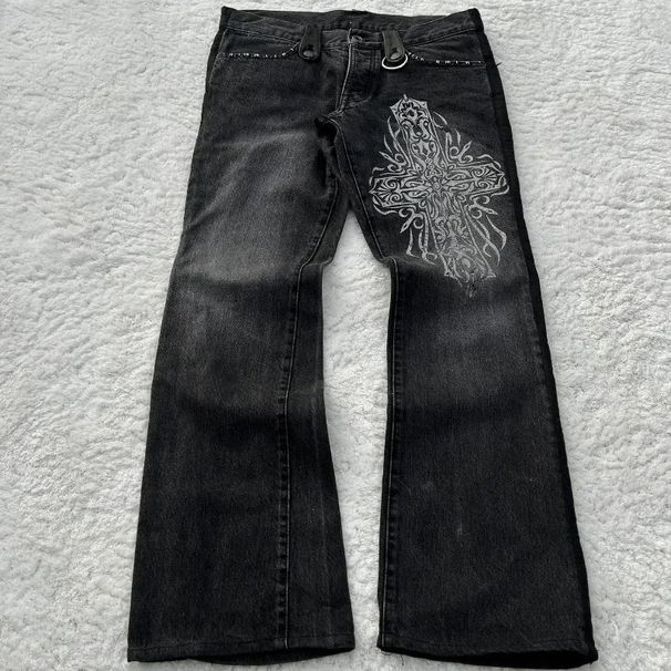 Y2K Vintage Cross Denim Jeans - Distressed Washed High Street Hip Hop Flared Pants For Women & Men_mkmklike.com