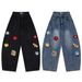 American High Street Floral Patch Flocked Embroidery Scimitar Jeans Men's Vibe Trendy Loose Washed Long Pants_mkmklike.com