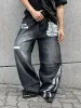 Men's Jeans Y2K Vintage Light Blue Black Washed Tape Design Graffiti Letter Loose Fit Distressed Denim Streetwear Hip_mkmklike.com