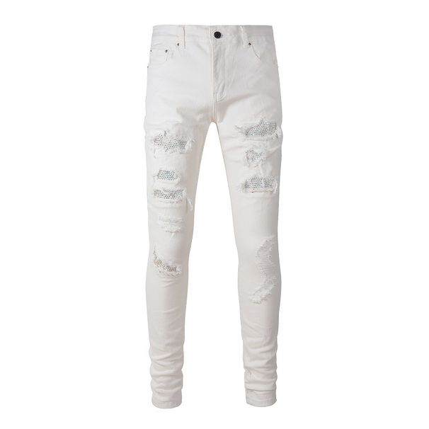 Cross Border European And American Street White Jeans Men's Trendy Brand Patch Holes Handsome Elastic Slim Fit Skinny Pants Foreign Trade_mkmklike.com