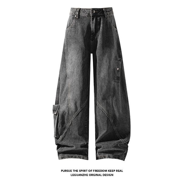 High Street Deconstructed Multi-pocket Jeans For Men, Autumn Trendy Design Wide-leg Pants, American-style Washed_mkmklike.com