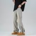 Slim Fit Straight Leg Jeans Zipper Design Washed Yellow Mud Dyed Casual Trousers High Street Style Midweight Softener Fabric_mkmklike.com