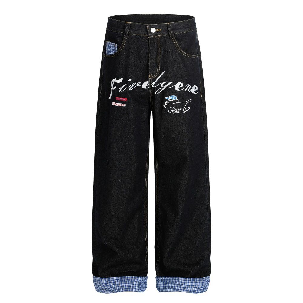 American Style Plaid Patchwork Rolled Hem Straight Jeans Men's Personalized Letter Embroidery Washed Loose Wide-Leg_mkmklike.com
