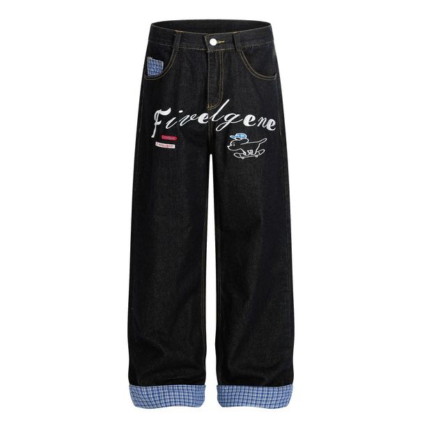 American Style Plaid Patchwork Rolled Hem Straight Jeans Men's Personalized Letter Embroidery Washed Loose Wide-Leg_mkmklike.com
