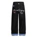 American Style Plaid Patchwork Rolled Hem Straight Jeans Men's Personalized Letter Embroidery Washed Loose Wide-Leg_mkmklike.com