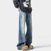 Lightning-pattern Flared Jeans For Men, Fleece-lined, Trendy New Style, Washed Vintage, Loose Straight Cut, Slimming,_mkmklike.com