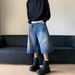 Men's American Style Lightning Crackle Pattern Cropped Jeans Summer Whiskered Washed Straight Leg Loose Fit Wide Leg 7/8 Length Shorts_mkmklike.com