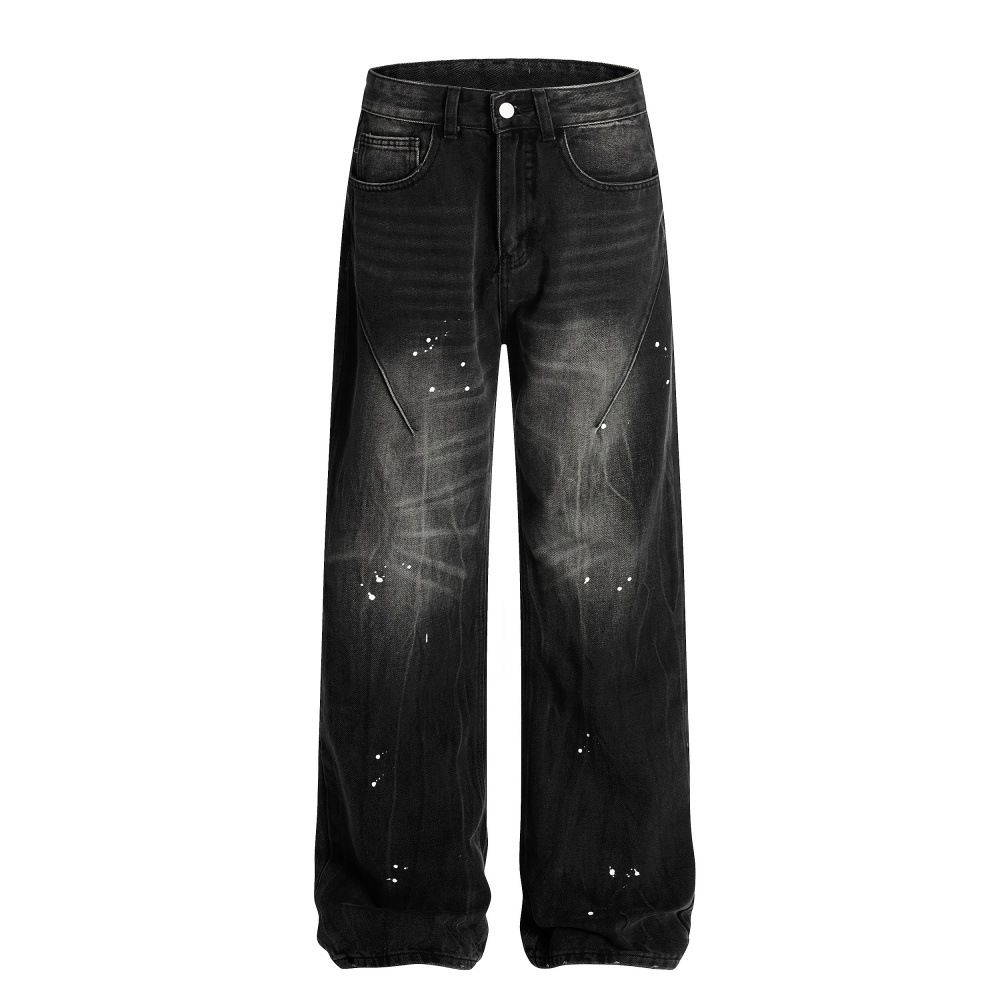 American Punk Paint Splatter Ink Washed Loose Casual Men's Trendy Distressed Straight Jeans_mkmklike.com