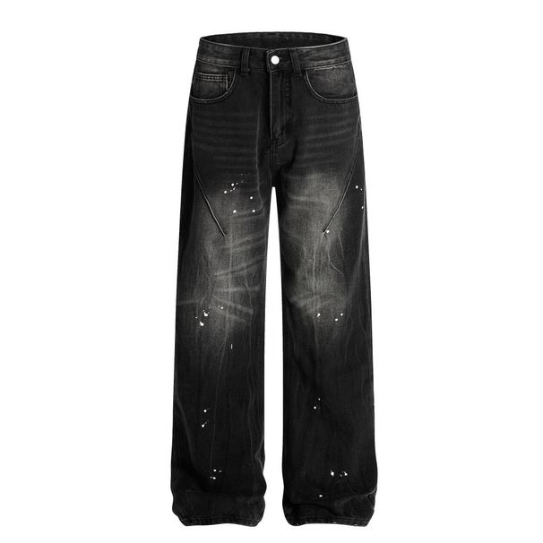 American Punk Paint Splatter Ink Washed Loose Casual Men's Trendy Distressed Straight Jeans_mkmklike.com