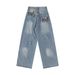 Design Sense Small Floral Embroidery Washed Denim Straight Long Pants Men's Vintage Punk Niche Personality Casual Wide_mkmklike.com