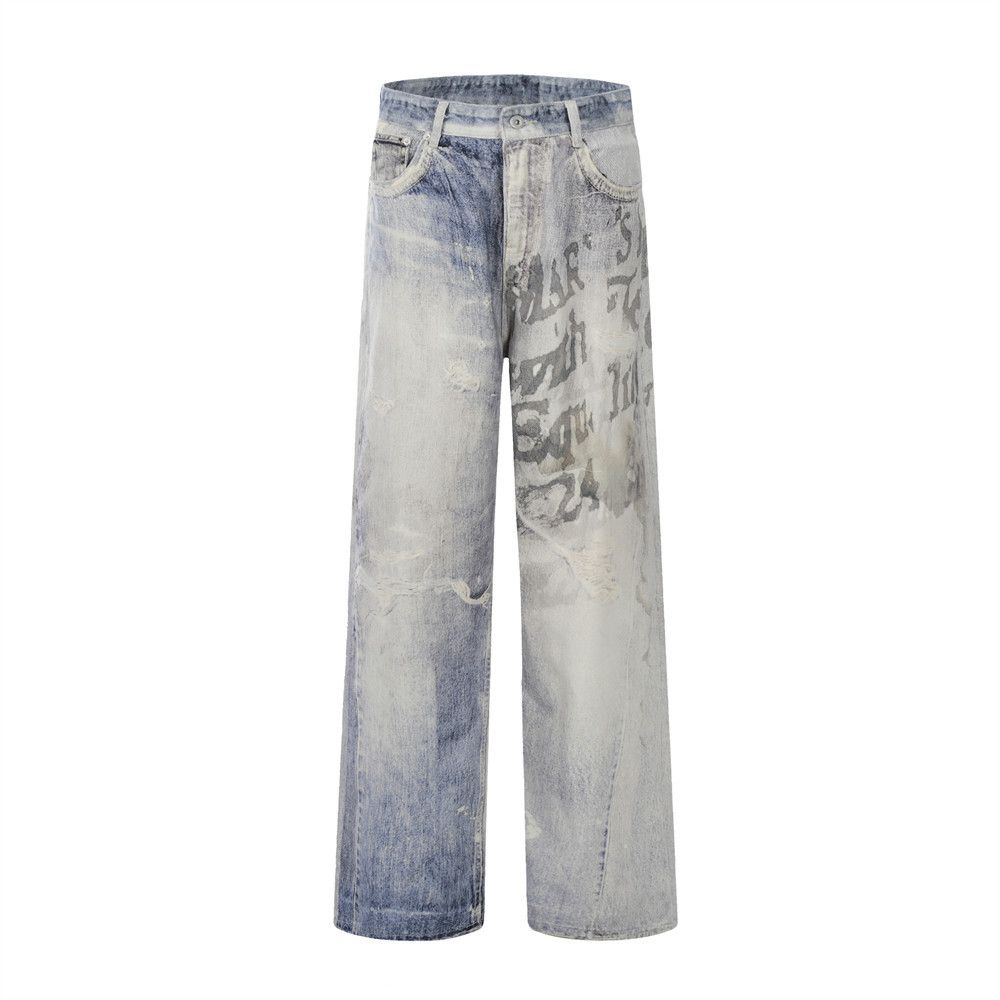 3D Printed Gradient Letter Print Jeans For Men American Style Washed Loose Straight Wide-Leg Pants_mkmklike.com