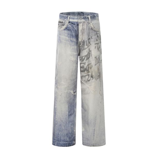 3D Printed Gradient Letter Print Jeans For Men American Style Washed Loose Straight Wide-Leg Pants_mkmklike.com