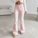 Women's High-Waisted Pink Washed Flared Jeans Double Button Retro Distressed Trousers European American Style_mkmklike.com