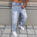 Men's Clothing Straight Leg Non-Stretch Light Blue Bicycle Style Classic Fit With Modern Appeal Ripped And Distressed Denim Jeans_mkmklike.com