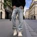 Men's Clothing Streetwear Jeans – Washed Blue Straight-Leg Checkerboard Print Pants (76% Cotton, High-Fashion Hip-Hop Style, Distressed Detailing)_mkmklike.com
