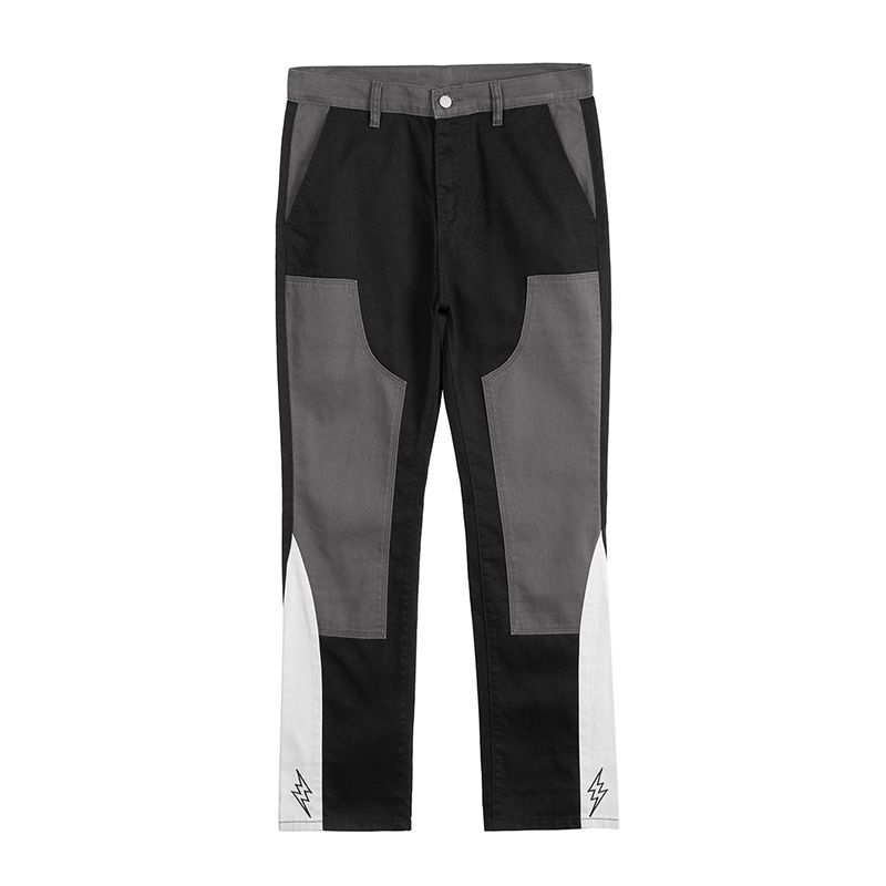 Men's Clothing Spring And Summer New Black And Gray Stitching Color High Street Casual Pants Men's Stacked Jeans Street Trend Straight Trousers_mkmklike.com