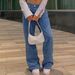Women's High-Waisted Wide Leg Jeans Studded Slimming Straight Leg Pants American High Street Style Heavy Metal Design_mkmklike.com