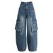 Xinge American Retro Wide-Leg Workwear Jeans For Women, High-Waisted, Slimming, Multi-Pocket, Loose, Draped,_mkmklike.com