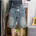 Unisex Retro Washed Design Straight Leg Cargo Denim Shorts Trendy Brand Loose Fitting Cross Border American Style Distressed_mkmklike.com
