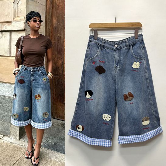 New Women's Retro Puppy Embroidered Plaid Patchwork Wide Leg Loose Cropped Jeans European American Style 2026 Cross Border Foreign Trade_mkmklike.com