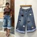 New Women's Retro Puppy Embroidered Plaid Patchwork Wide Leg Loose Cropped Jeans European American Style 2026 Cross Border Foreign Trade_mkmklike.com