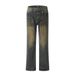Washed Yellowing Crease Denim Men's Punk Street Fashion Handmade Frayed Pockets Loose Wide-Leg Straight Pants_mkmklike.com