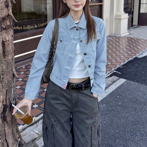 Women's American Retro Striped Denim Jacket Loose Fitting Button down Cardigan Style Casual Short Top Trendy Autumn Wear_mkmklike.com