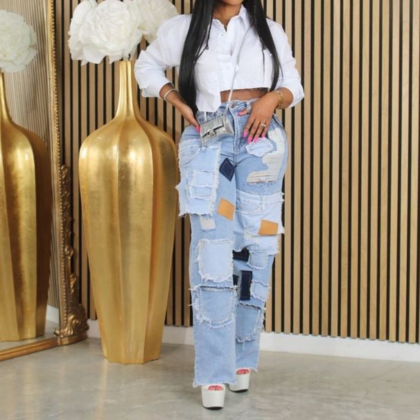 "Vintage Washed Distressed Jeans - Patchwork Loose Fit, Streetwear Denim (Light Blue, S-XXL)"_mkmklike.com