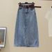 "High Waist Denim Skirt With Side Slit - Retro Light Blue Stretch Jean Pencil Skirt For Women, Mid-Length Slim Fit Summer Skirt"_mkmklike.com