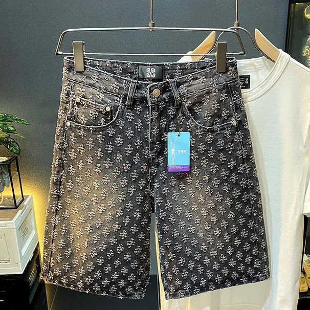Men's Clothing New Denim Shorts Men's Summer Loose Straight Hole Jacquard High End Five Point Pants_mkmklike.com
